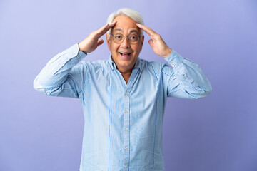 Middle age Brazilian man isolated on purple background with surprise expression