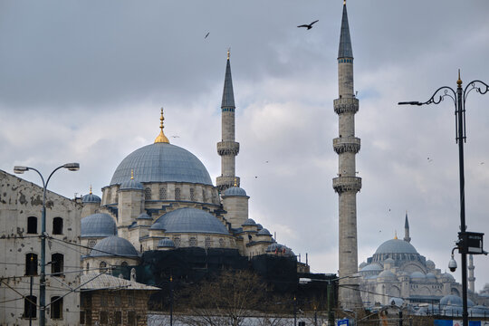 Turkey istanbul. Yeni Cami and suleymaniye mosques which are grand mosques of ottoman empire in istanbul turkey during morning with seagulls.