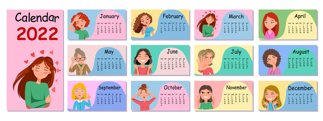 Obraz premium Horizontal wall calendar design template for 2022. A set of emoticon stickers in a cartoon style. The week starts on Monday. Vector flat illustration with a contour.