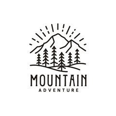 Vintage Retro Sunrise Mountain Forest Nature Emblem, Hipster Pine Evergreen Tree logo design for Outdoor Adventure Club