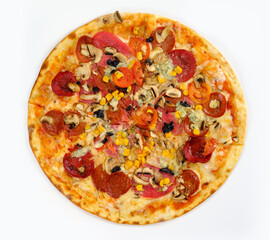 Mixed pizza on a white background.