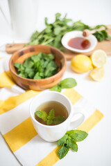 Mint tea with fresh mint leaves, lemon, and honey