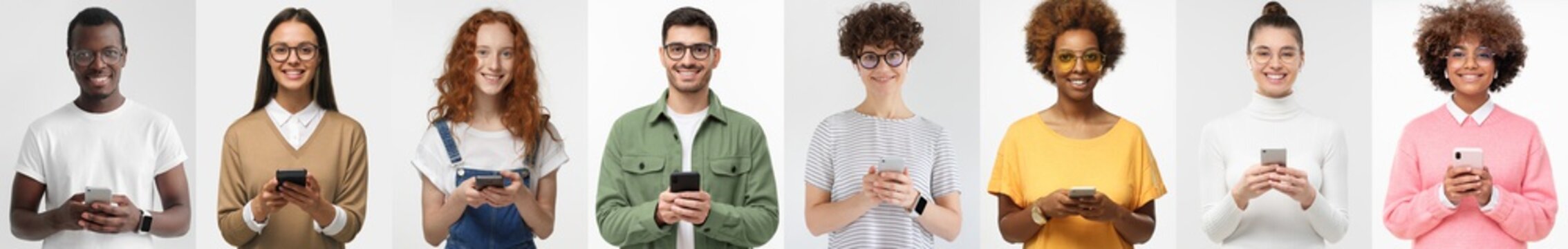 People Phone Collage. Group Portrait Of Happy Smiling Diverse Men And Women Holding Smartphones