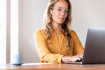 Female freelance worker using laptop at desk in home office