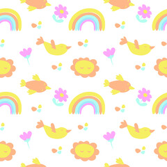 Seamless pattern of delicate baby elements. Vector in the style of cartoons. Birds, flowers, sun, rainbow. Suitable for decorating a children's room, textiles and packaging.