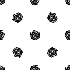 Seamless pattern of repeated black roses. Elements are evenly spaced and some are rotated. Vector illustration on white background