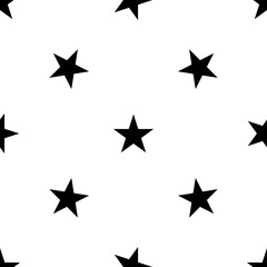 Seamless pattern of repeated black star symbols. Elements are evenly spaced and some are rotated. Vector illustration on white background