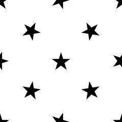 Seamless pattern of repeated black star symbols. Elements are evenly spaced and some are rotated. Vector illustration on white background