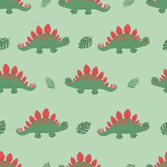 Cartoon dinosaurs seamless pattern. Flat, jurassic, wild animal in doodle style. Hand drawn childish Vector illustration on green backgrond. Perfect for background, wrap paper, wall paper, fabric