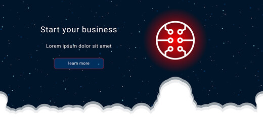 Business startup concept Landing page screen. The microcircuit symbol on the right is highlighted in bright red. Vector illustration on dark blue background with stars and curly clouds from below