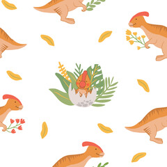 Cartoon dinosaurs seamless pattern. Flat, jurassic, wild animal in doodle style. Hand drawn childish Vector illustration on white background. Perfect for background, wrap paper, wall paper, fabric