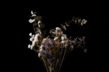 Flores secas de varios tipo con hojas de eucalipto, cardo morado y flor blanca