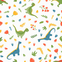 Cartoon dinosaurs seamless pattern. Flat, jurassic, wild animal in doodle style. Hand drawn childish Vector illustration on white background. Perfect for background, wrap paper, wall paper, fabric