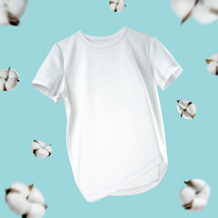 White flying cotton T-shirt isolated on turquoise background.Clean white t-shirt for women or men....