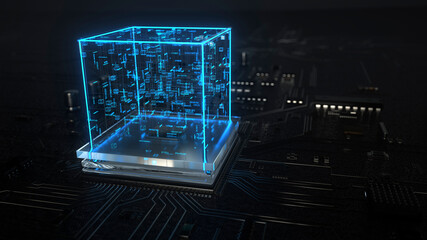 Three dimensional render of blue cube glowing on top of circuit board