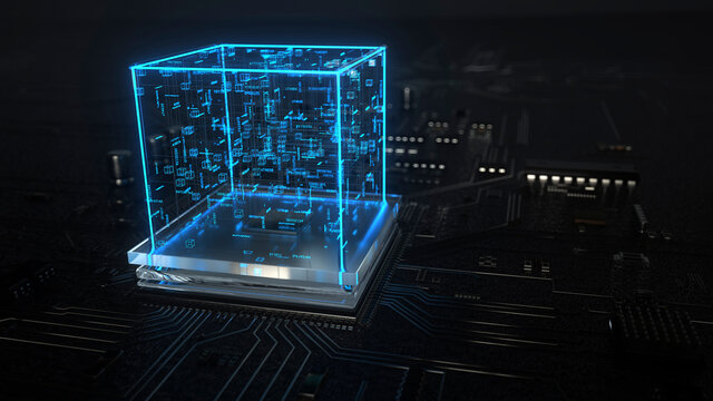 Three dimensional render of blue cube glowing on top of circuit board