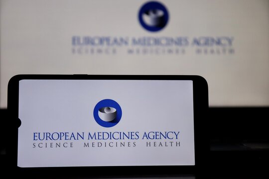 Bahia, Brazil - May 3, 2021: European Medicines Agency (EMA) logo displayed on smartphone screen.