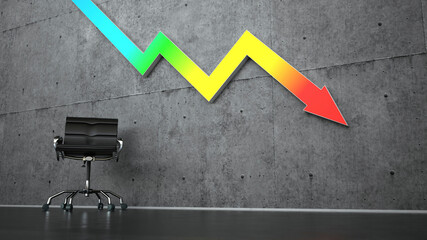 Three dimensional render of office chair standing under colorful graph arrow representing economic recession