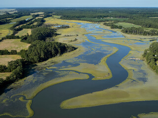 Aerial photograph of marshes along the Atlantic Coastline of Virginia near the community of Red Banks, USA