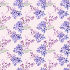 Fototapeta na wymiar Seamless pattern with elegant lilac flowers on pastel pink background. Watercolor hand drawn elements. For home decor, fashion and textile, linen, stationery, cards, wedding design and more.
