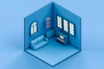 Isometric view of blue room with sofa and piano