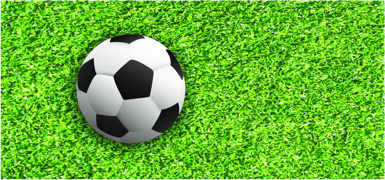 Soccer ball or football on green grass field. Vector background banner. wk, ek sport game. 