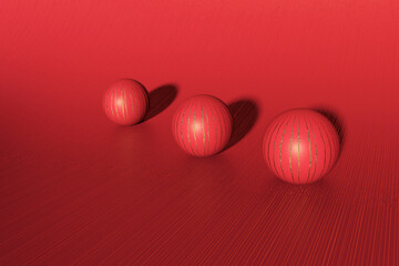 Three dimensional render of three red striped spheres lying against red background