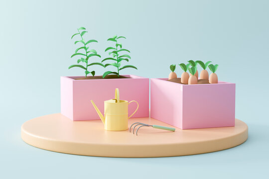 Three dimensional render of vegetables planted in raised beds