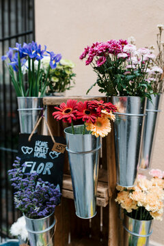 Variety of flowers in vase at flowers shop