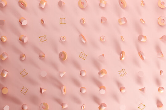 Three dimensional pattern of spheres, cones, rings, cubes and cylinders floating against pink background