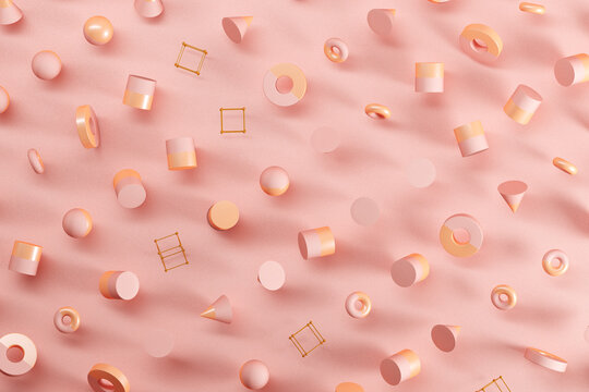 Three dimensional pattern of spheres, cones, rings, cubes and cylinders floating against pink background