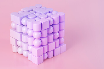 3D illustration of pink and purple cube arrangement out of different geometric shapes
