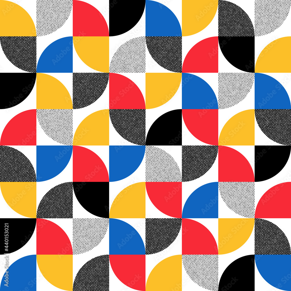 Poster geometric seamless pattern. bauhaus abstract background. repeated color pattern. mark geometric text