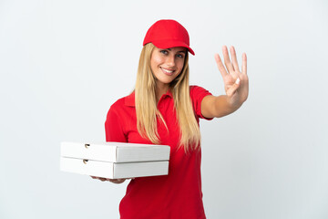Pizza delivery woman holding a pizza isolated on white background happy and counting four with fingers