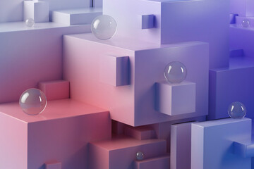 Three dimensional render of glass spheres lying on top of purple blocks