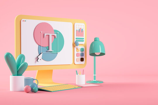 Designs on cartoon computer screen over pink background