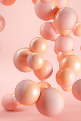 Three dimensional render of pink and orange spheres floating against pink background