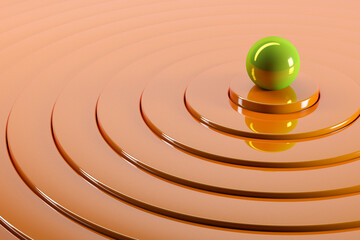 Three dimensional render of glossy sphere lying on top of circular pedestal