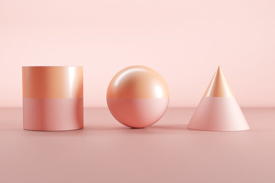 Three dimensional render of pink and orange sphere, cone and cylinder