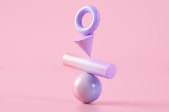 3D illustration of pink and purple balancing shapes