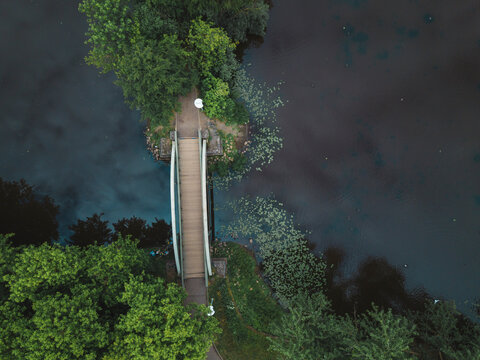 Aerial view of a bridge and pond, Tikhvin, Russia