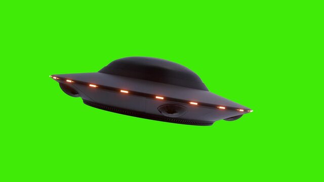 Realistic UFO on green screen background. Flying Saucer with RED lights rotating isolated on green screen background