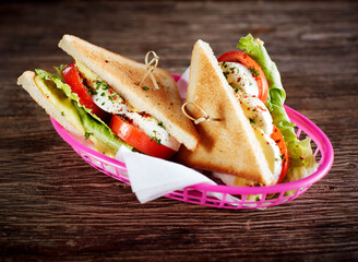 Studio shot of two vegetarian sandwiches with Caprese salad, tomatoes, mozzarella and lettuce