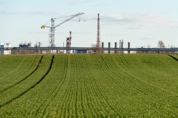 A large petrochemical enterprise on the background of a wheat field. Next to the agricultural field there's a factory for the production of chemical fertilizers. smoke escapes from factory chimneys