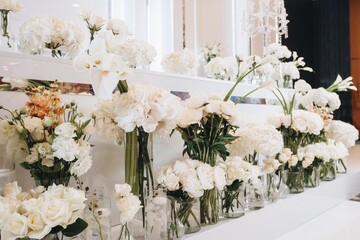 Romantic Wedding Table Top Layout Decor with large lush floral bouquets including white roses, ranunculus, persian buttercups, white orchids and candles