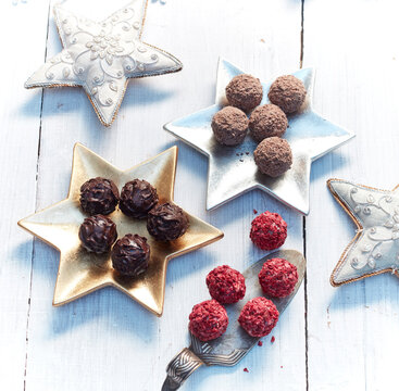 Pralines on table with Christmas decor