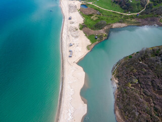 Aerial view of beach at the mouth of the Veleka River, Bulgaria