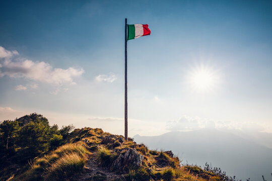 Italy, Lombardy, Italian flag on top of Monte Legnoncino