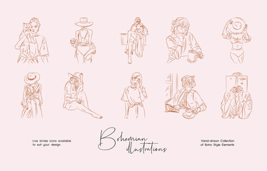 Elegant hand-drawn boho style wall art vector set. Bohemian line art drawing. Abstract feminine line art design for print, cover, wallpaper. Minimal wall art.