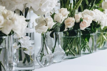 Romantic Wedding Table Top Layout Decor with large lush floral bouquets including white roses, ranunculus, persian buttercups, white orchids and candles
